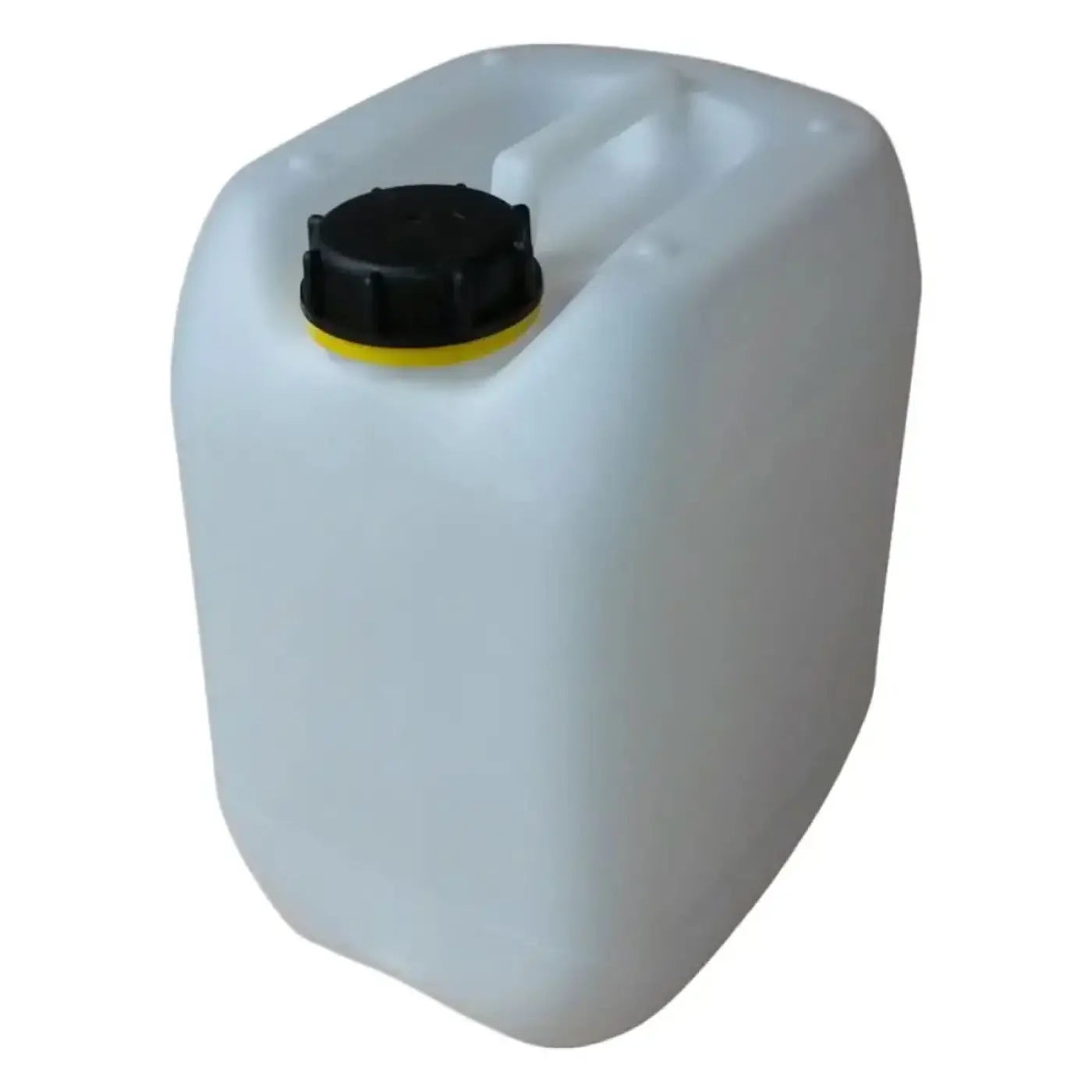 Weißer 10 liter kanister aus hdpe mit schwarzem deckel und gelbem rand aus kunststoff nach din61 standard