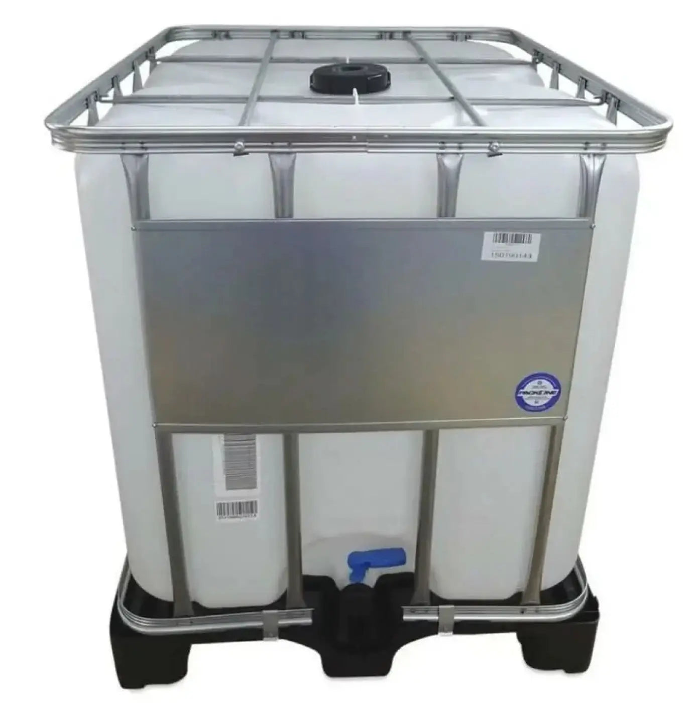 1000 liter ibc container aus weißem pe-kunststoff mit metallrahmen, schwarzem deckel und blauem ventil am boden