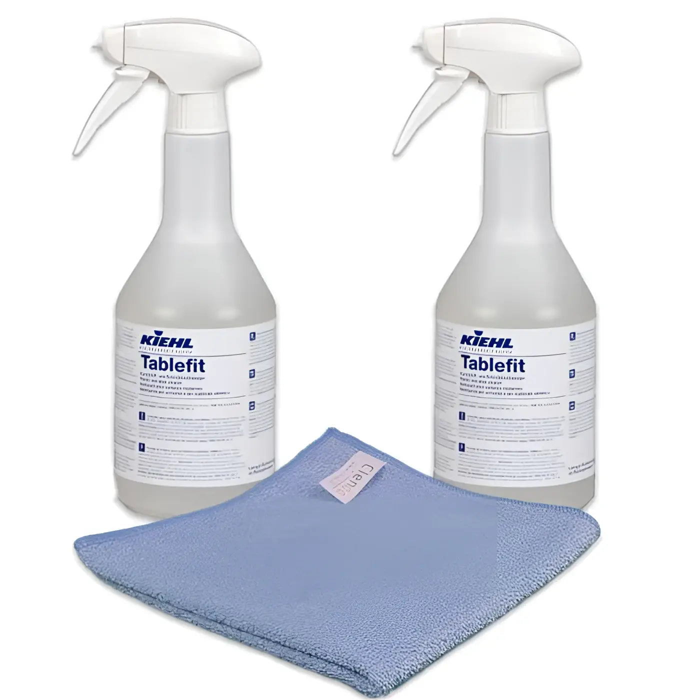 Zwei transluzente weiße sprühflaschen kiehl tablefit schreibtischreiniger 750ml mit blauem etikett und blauem mikrofasertuch