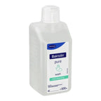 Klare plastikflasche mit weißem deckel und blaugrünem etikett des baktolin pure wash waschlotion produkts