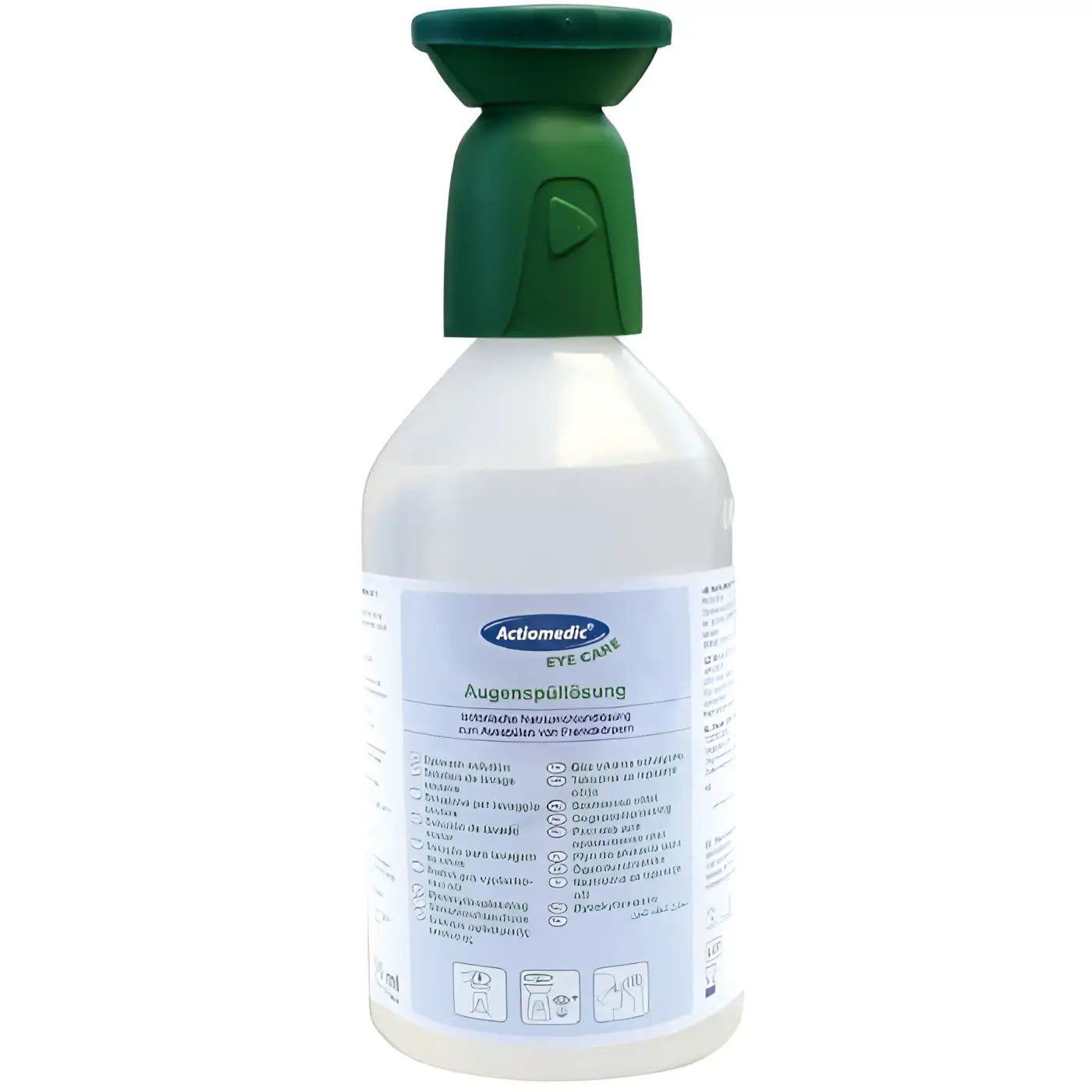 Klare plastikflasche mit grünem pumpenspender und weißem label mit actionmedic eye care branding für augenspülung