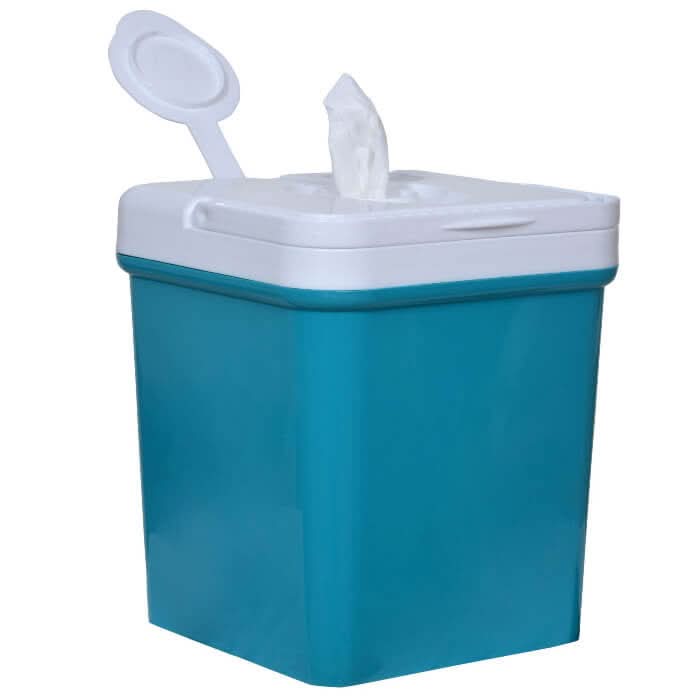 Teal und weiße kunststoff feuchttuchspenderbox arcora x-line mit klappdeckel und tuchrolle für einfache entnahme