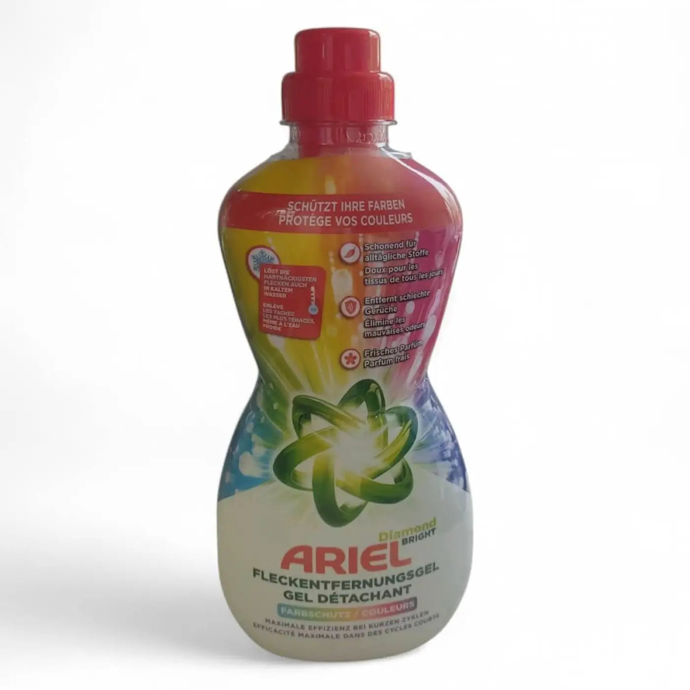 Ariel fleckentfernungsgel flüssig 800 ml in transparenter flasche mit rotem verschluss und buntem etikett