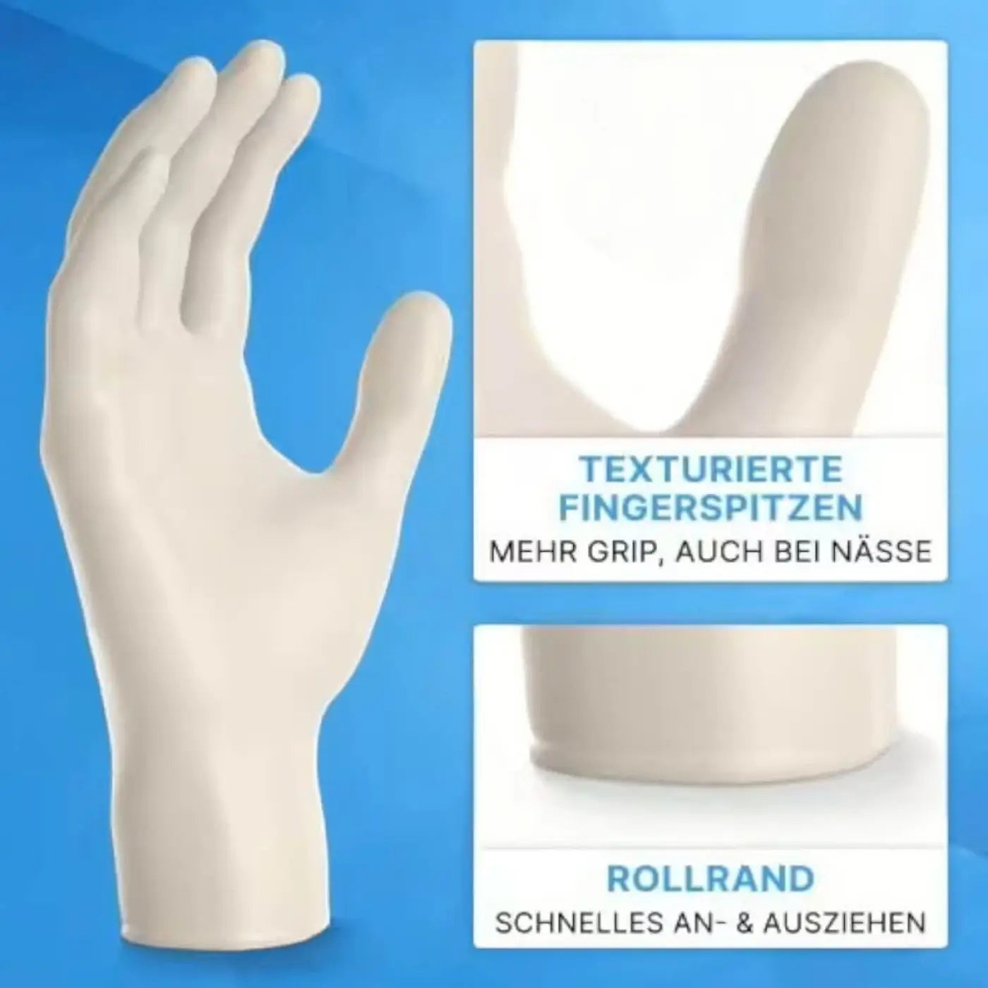 Off-white puderfreie arnomed latex-handschuhe mit texturierten fingertips und umgeschlagenem bund in 100 stück packung