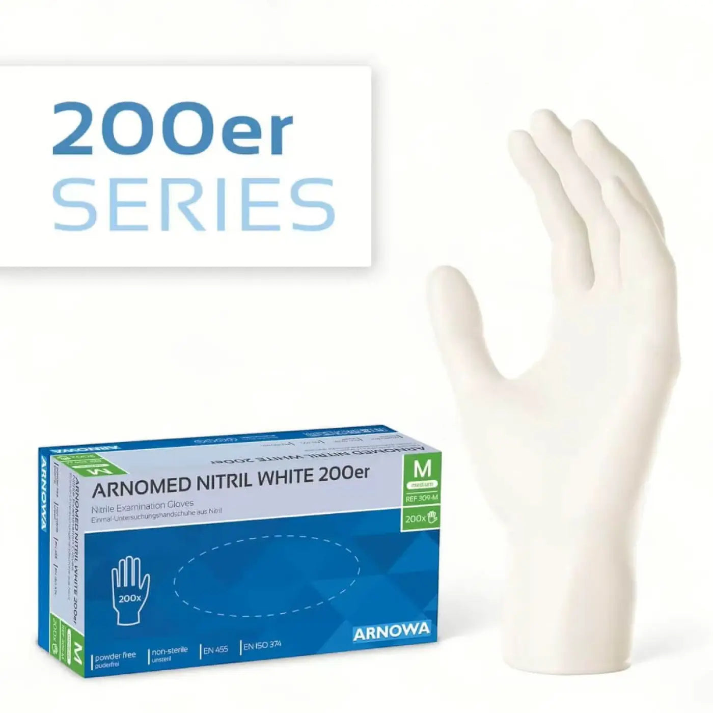 Weiß nitrilhandschuh puderfrei aus der arnowa 200er serie neben blauer und weißer arnold verpackung