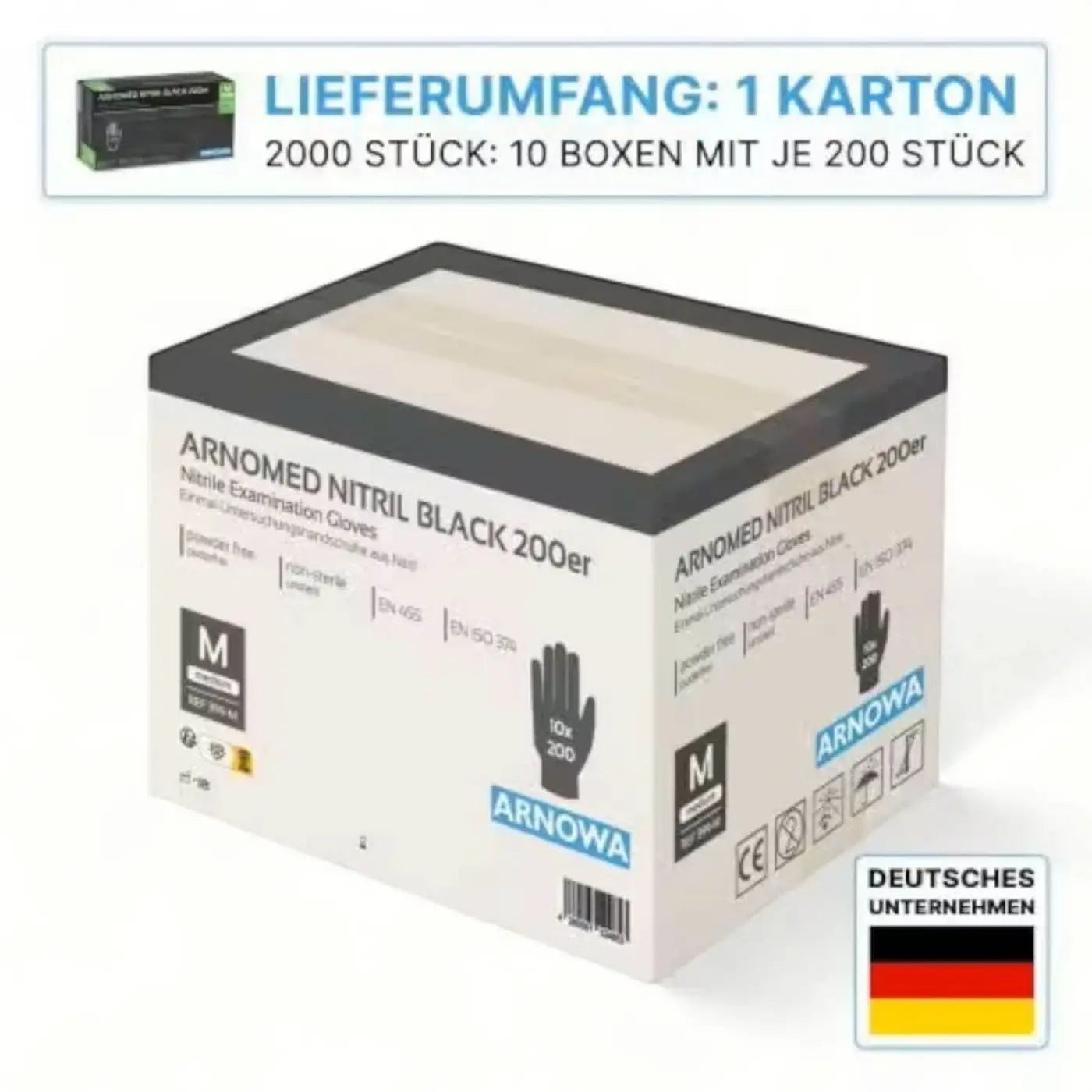 Weiße kartonverpackung mit schwarzer und blauer arnmed branding für arnmed nitril schwarze puderfreie medizinische untersuchungshandschuhe 200 stück