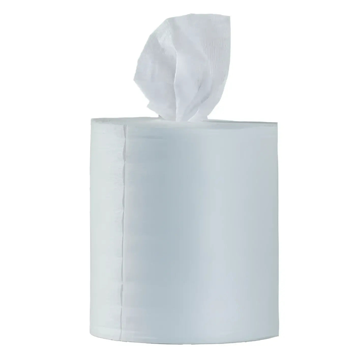 Weiße papiertuchrolle mit einzelner herausgezogener blatt für best wipes desinfektionstücher 750 blatt