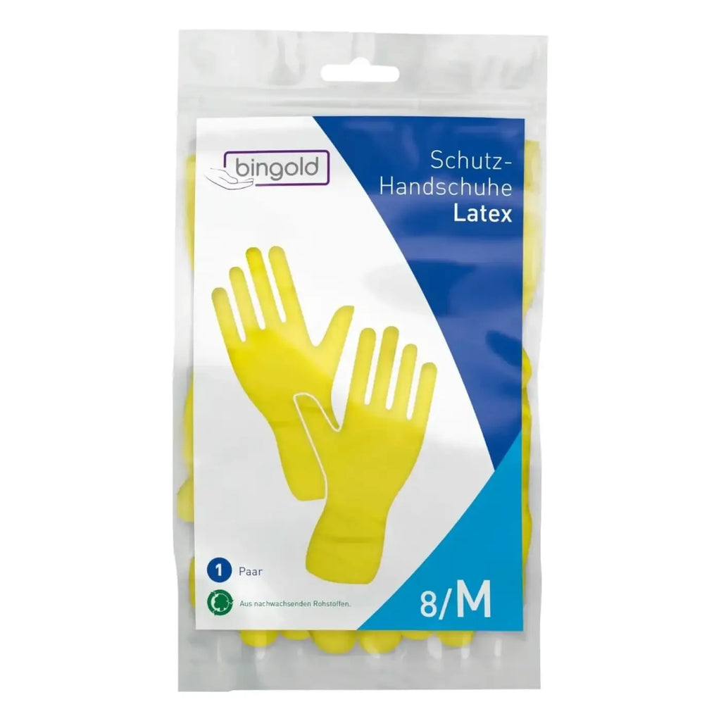 Bingold latex schutzhandschuhe gelb ein paar in klarer plastikverpackung mit blau weißem branding
