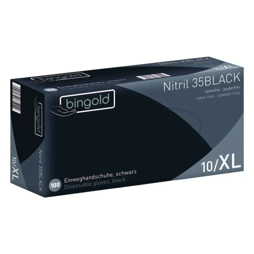 Schwarze puderfreie nitrilhandschuhe bingold nitril 35black in eleganter dunkler verpackung mit 100 stück