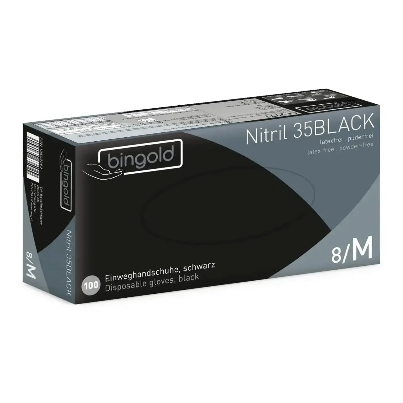 Schwarze bingold nitril 35black puderfreie einweghandschuhe aus nitril in moderner verpackung mit 100 stück