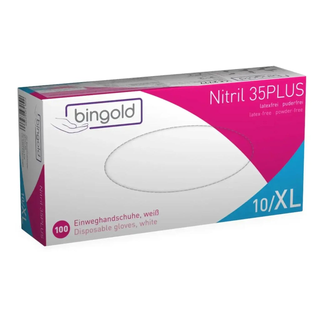 Ein box bingold nitril 35plus weiße puderfreie einweghandschuhe aus nitril in xl größe 10 stück