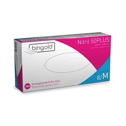Eine packung bingold nitril 50plus einweghandschuhe blau aus 100 stück aus nitril material