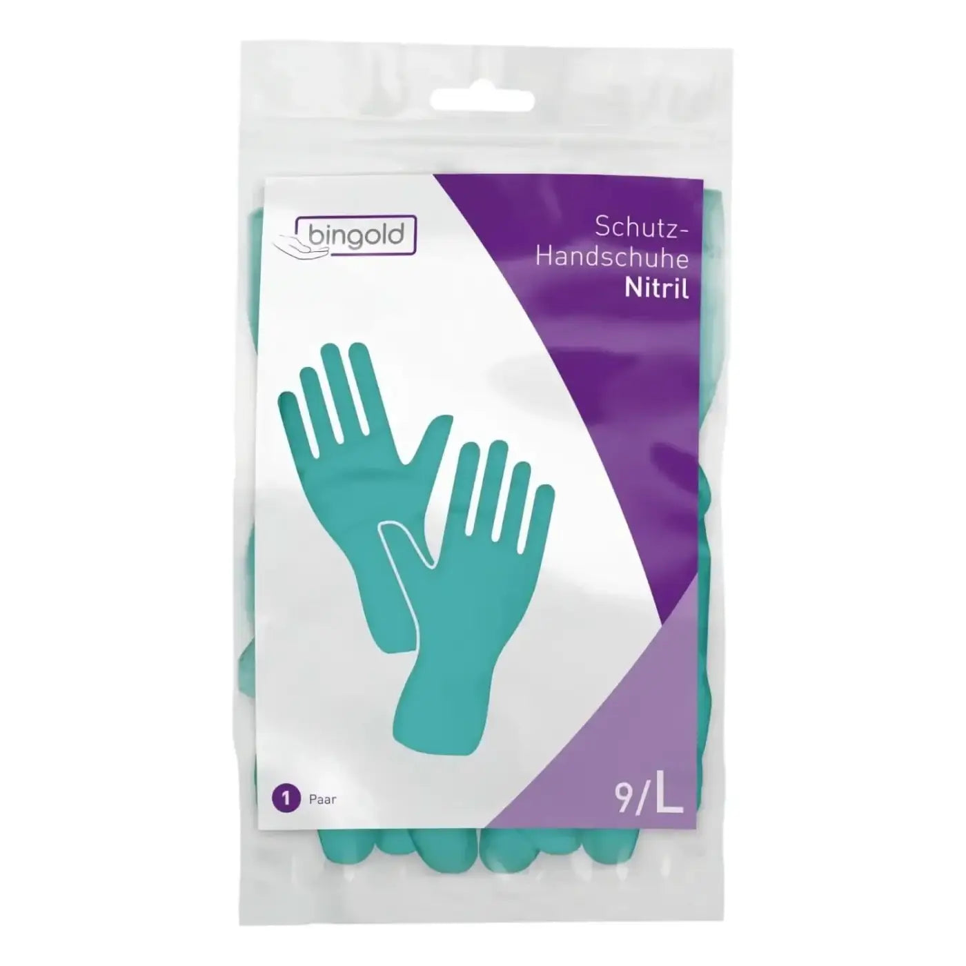 Bingo nitril schutzhandschuhe grün in klarer plastikverpackung mit lila und weißer markenkennzeichnung