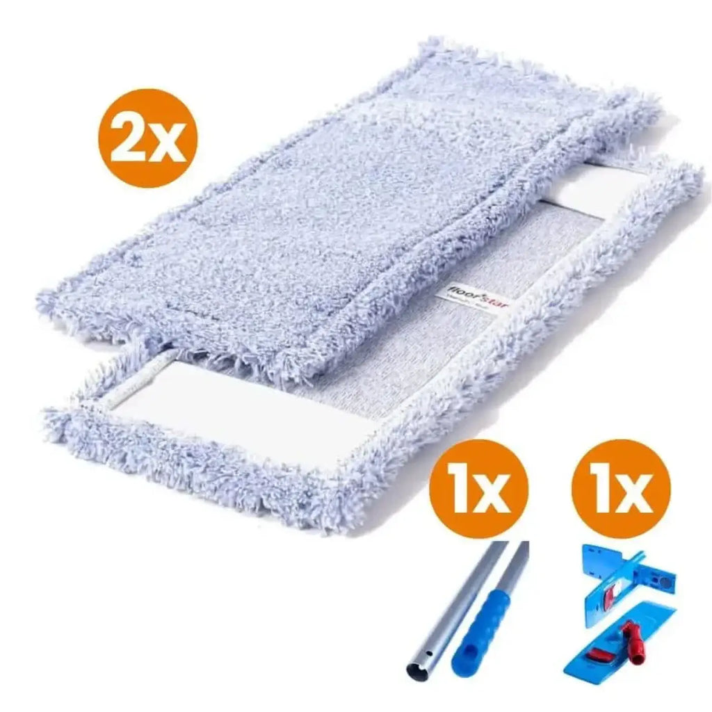 Hellblaue mikrofaser bodenwischer pads mit weißen kunststoffrahmen im profi-set allround 50