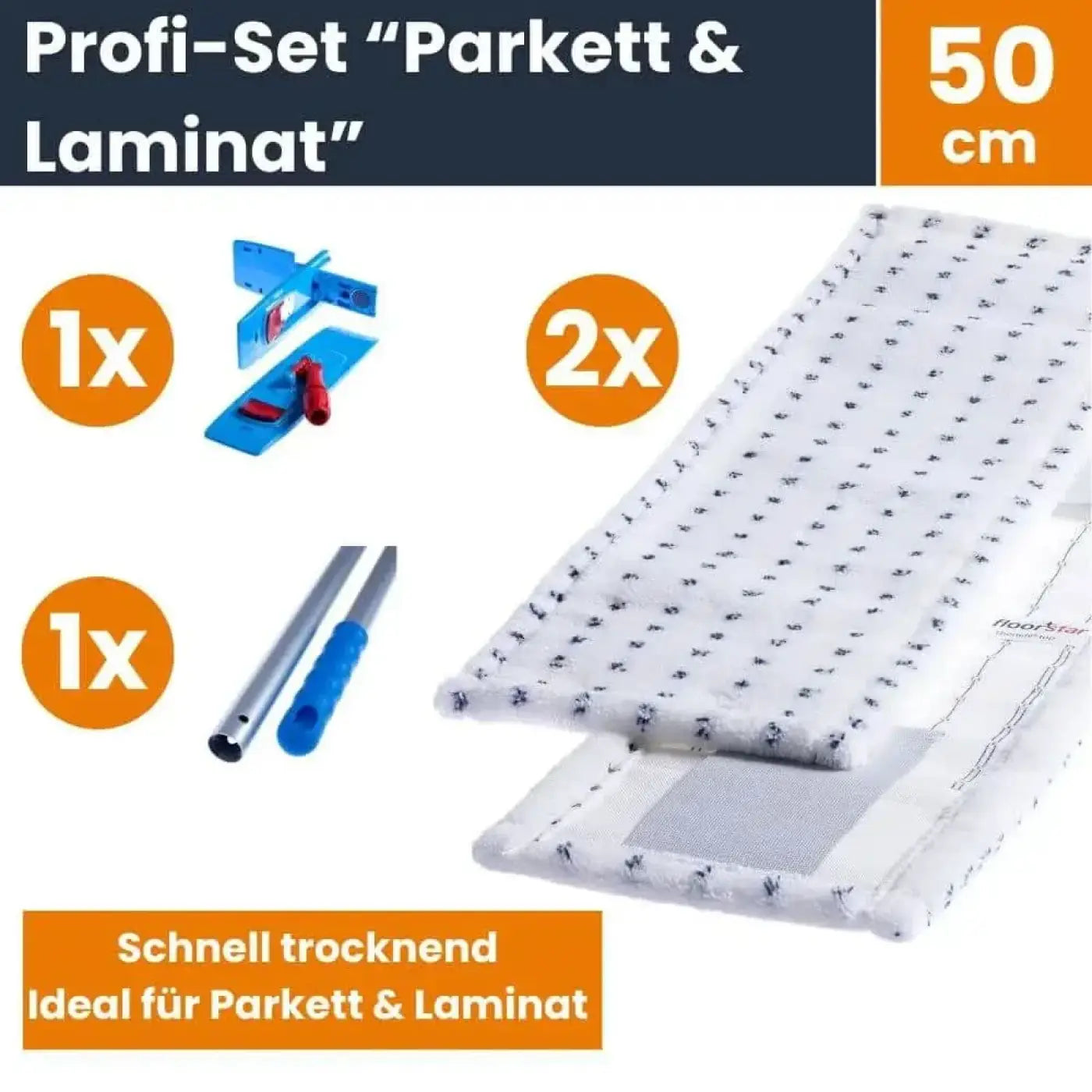 Weiße mikrofasermopps mit schwarzem mottling für bodenwischer profi-set parkett und laminat 50 cm