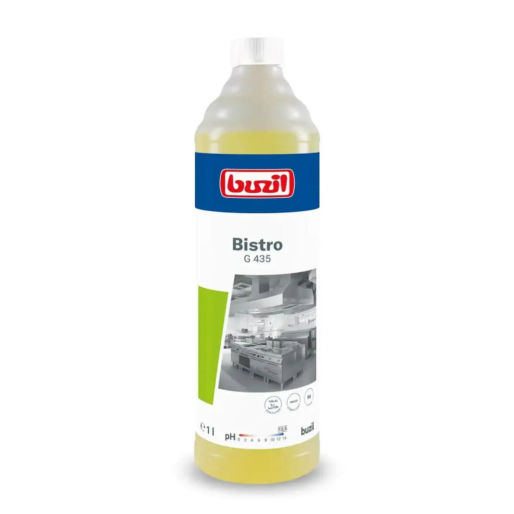 Eine klare plastikflasche mit weißem deckel und blassgelber flüssigkeit von buzil bistro g435 küchen-intensivreiniger 1l