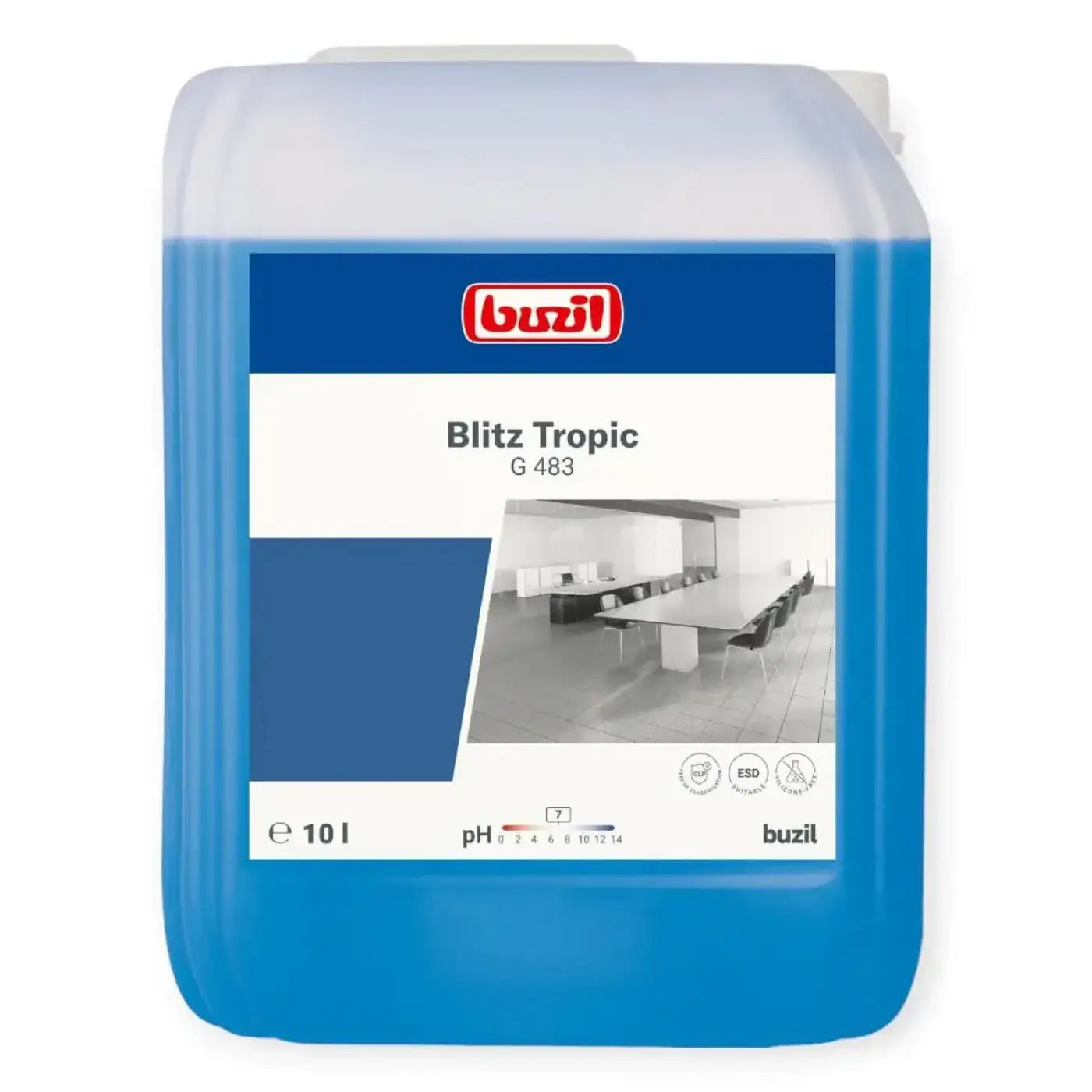 Blauer plastikbehälter buzil blitz tropic g483 alkoholreiniger 10l mit tropenduft und büroinnenraum auf etikett
