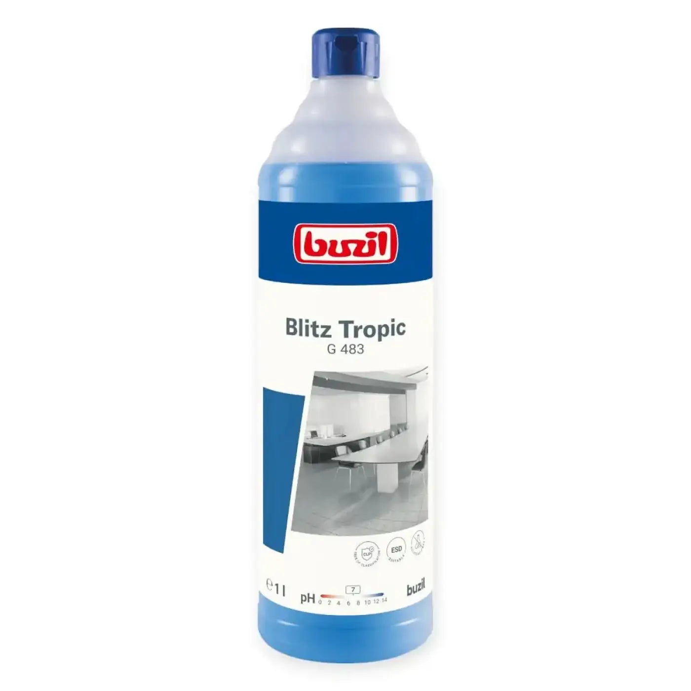 Blaue plastikflasche des buzil blitz tropic g483 alkoholreinigers mit tropenduft und blauem Verschluss 1l