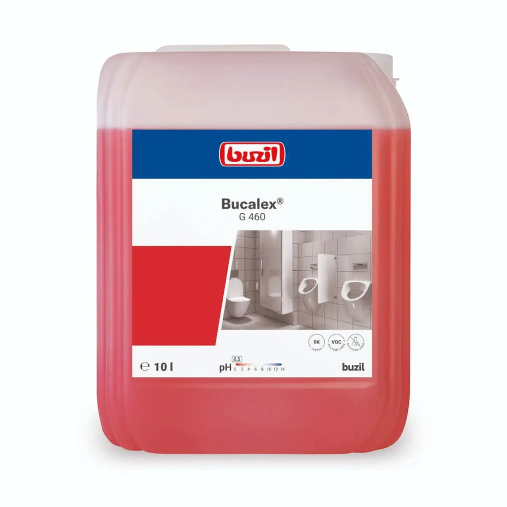 Ein 10-liter transparenter rosa kunststoffbehälter des buzil bucalex g460 sanitärgrundreinigers für badezimmer