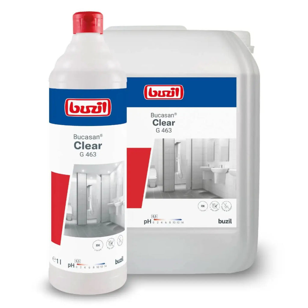 Buzil bucasan clear g463 sanitärreiniger 1l in weißer flasche mit rotem deckel und grauem kanister mit blauen und roten etiketten
