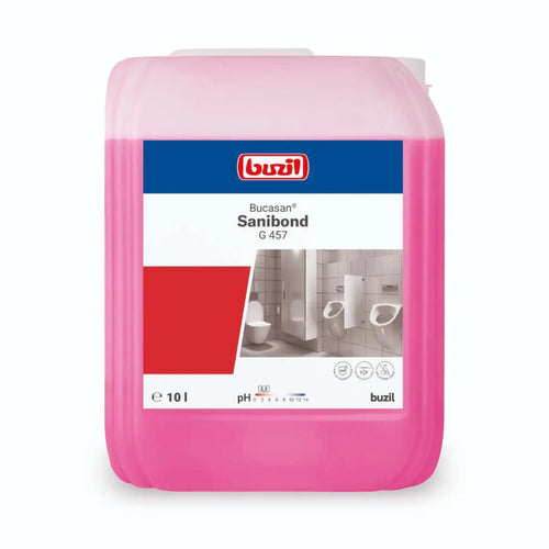 Pinkfarbener kunststoffbehälter mit buzil bucasan sanibond g457 saurer sanitärunterhaltsreiniger 10l
