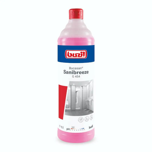 Pinkfarbene sanitärrreinigerflasche aus plastik mit rotemverschluss und blauem label von buzil sanibreeze g 454