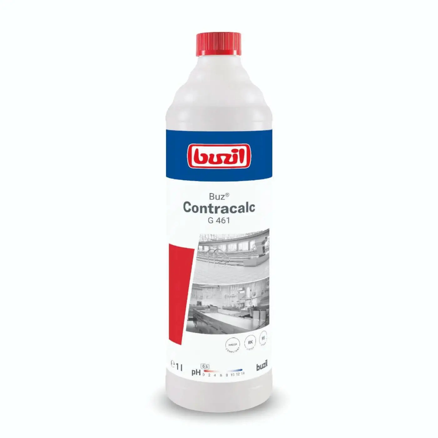 Eine weiße kunststoffflasche mit rotem deckel und blauem etikett der marke buzil mit contracalc g 461 sauerer grundreiniger 1l