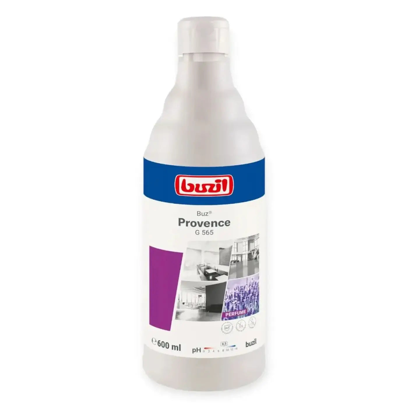 Weiße plastikflasche mit blau rotem etikett des buzil buz provence g565 raumduft mit geruchsblocker 600ml