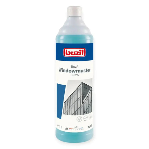 Transluzente hellblaue flasche buzil buz windowmaster g525 fensterreiniger 1l mit weißem deckel und architekturmotiv auf etikett