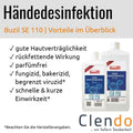 Weiße plastikflasche des buzil se 110 handdesinfektionsmittels mit blauem etikett und rotem streifen