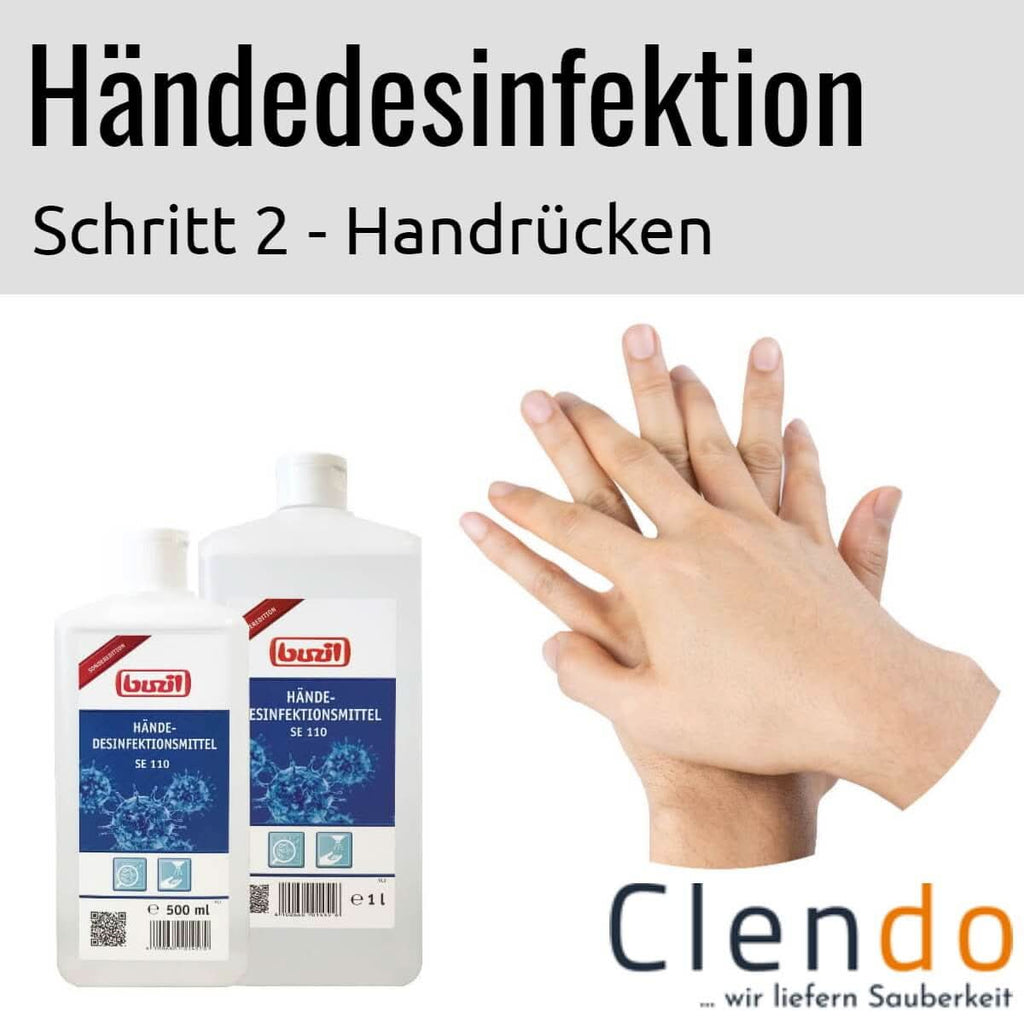 Weiße plastikflasche mit 500 ml buzil handdesinfektion se110 d110 mit blauem etikett und rotem logo