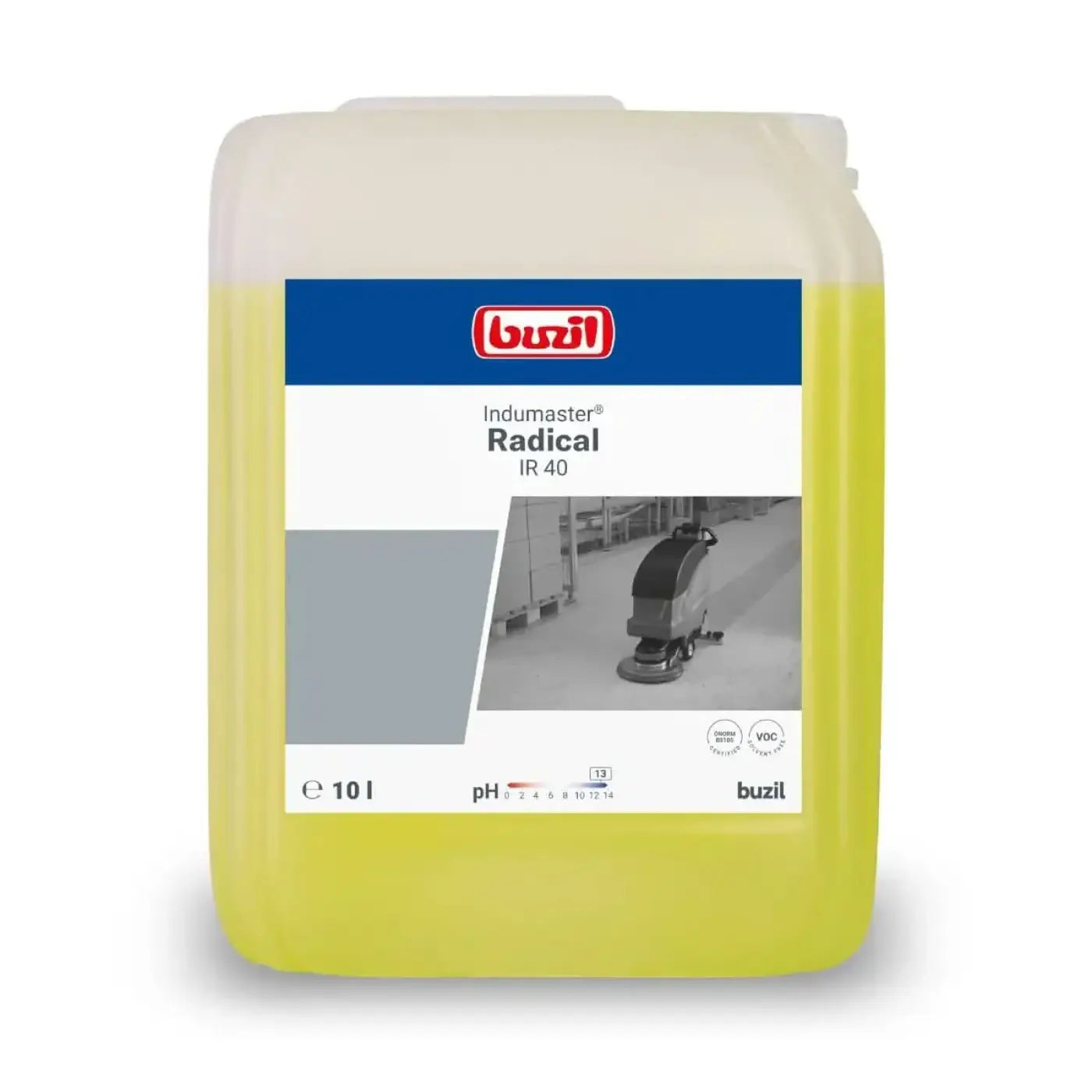 Ein 10-liter container buzil indumaster radical ir40 alkalischer industriereiniger mit durchsichtigem gelbem flüssigkeitsinhalt und blau-weiß-grauem etikett