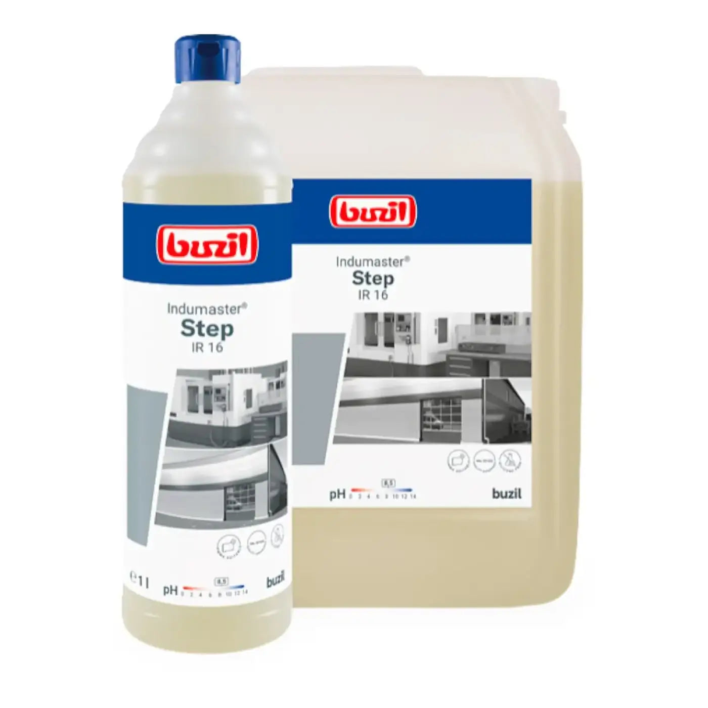 Zwei behälter buzil indumaster step ir 16 beige flüssigreiniger in plastikflaschen mit blauen verschlüssen und etiketten