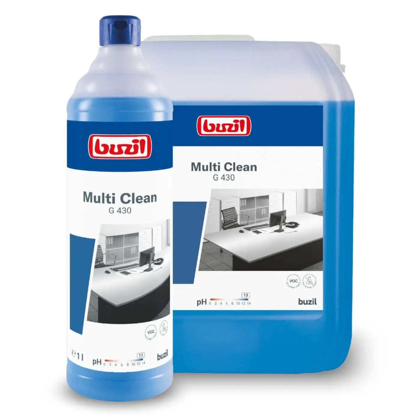 Blaue plastikflasche und kanister von buzil multi clean g 430 alkalischer aktivreiniger 10l multioberflächenreiniger