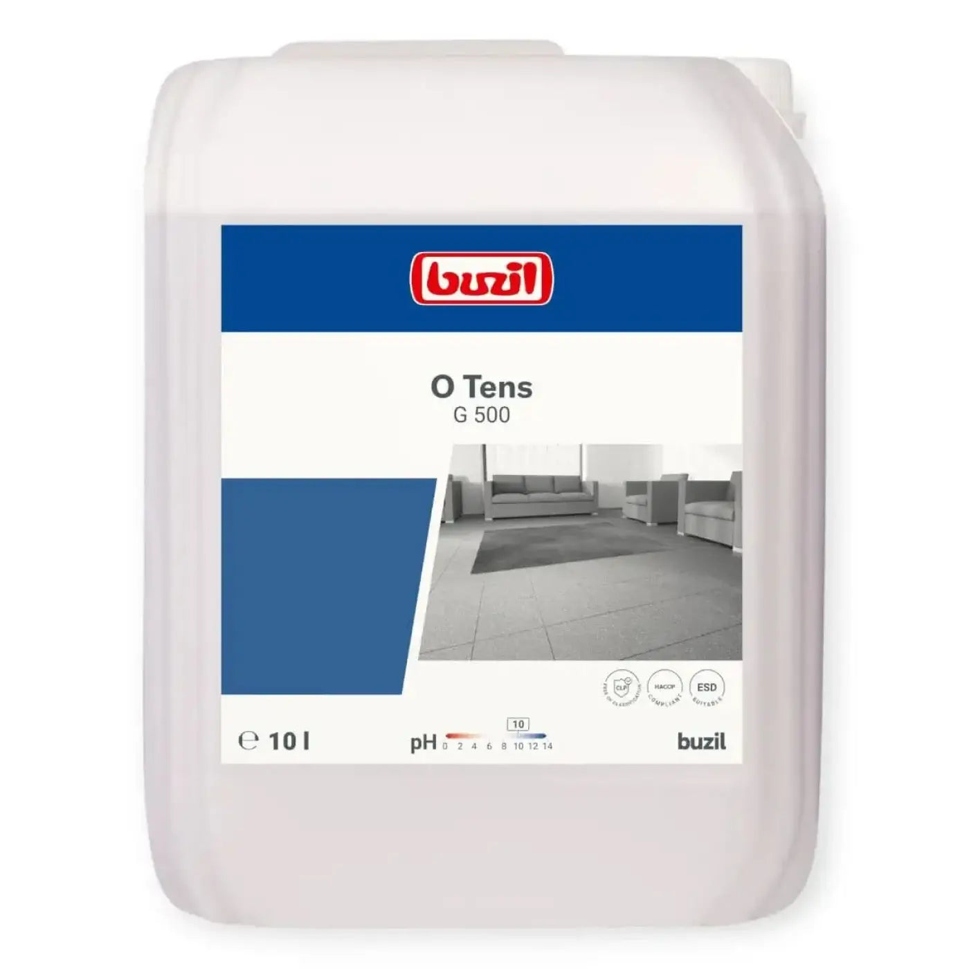 Weißer kunststoffbehälter buzil o tens g 500 tensidfreier universalreiniger 10l mit blau weißem etikett