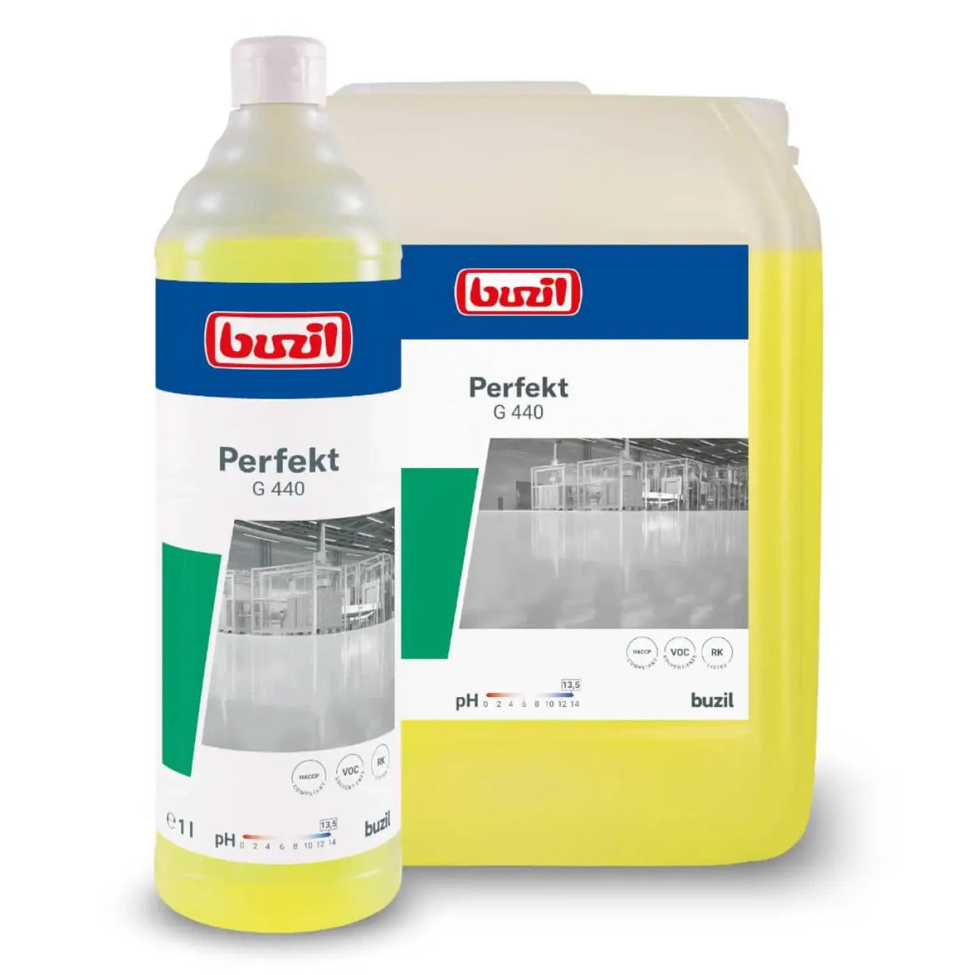 Gelbe flüssigkeit in transparenter flasche und opakem behälter von buzil perfekt g 440 alkalischer intensivreiniger 1l