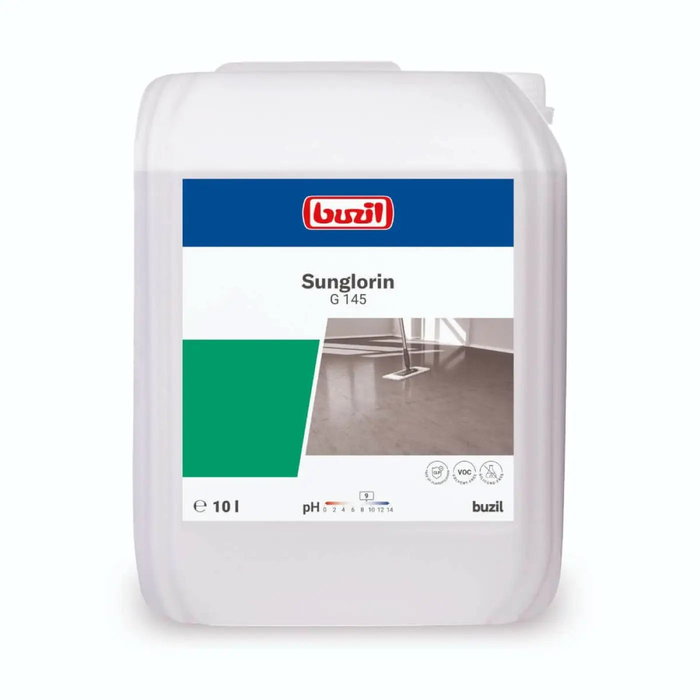 Weißer kunststoffbehälter buzil sunglorin g145 selbstglanzemulsion bodenreiniger mit ph-angabe und 10l volumen