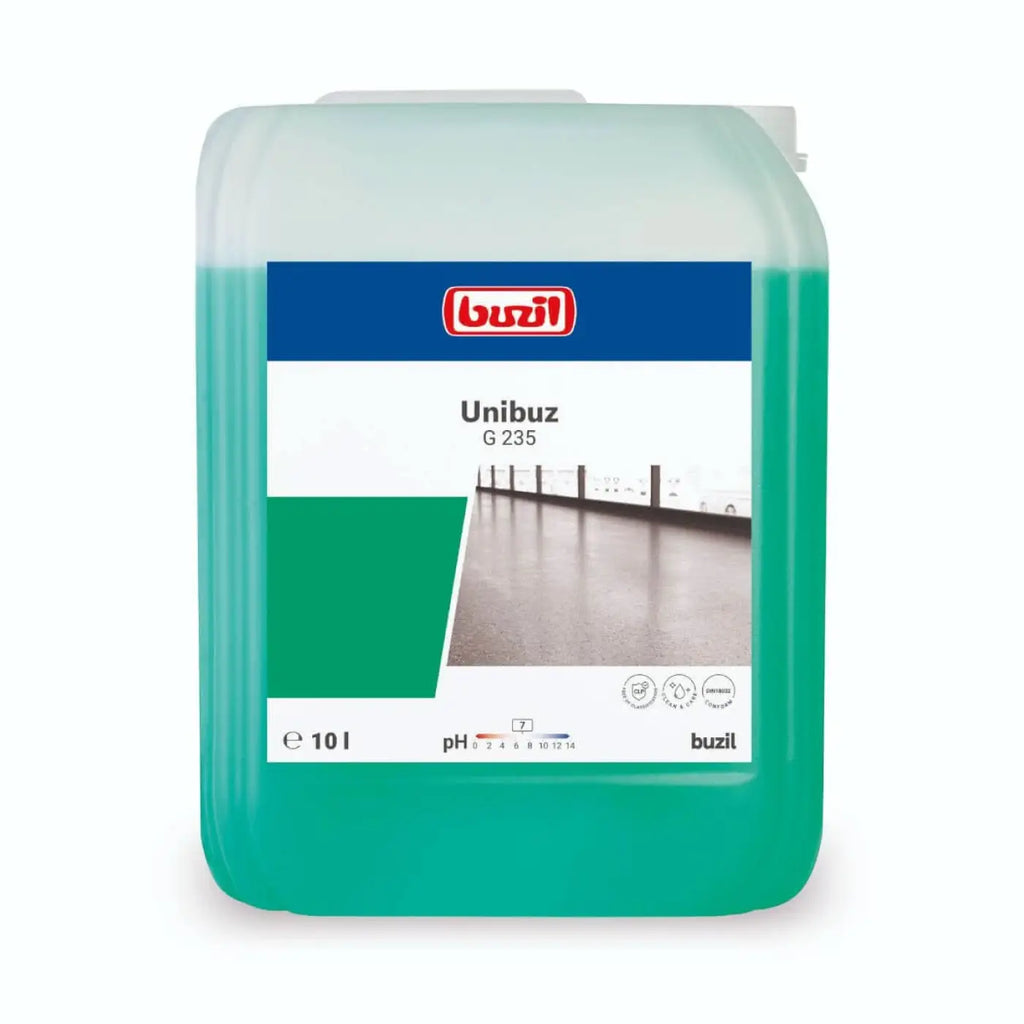 Ein 10 liter transparenter grüner kunststoffbehälter mit buzil unibuz g235 reinigungslösung für wischpflege
