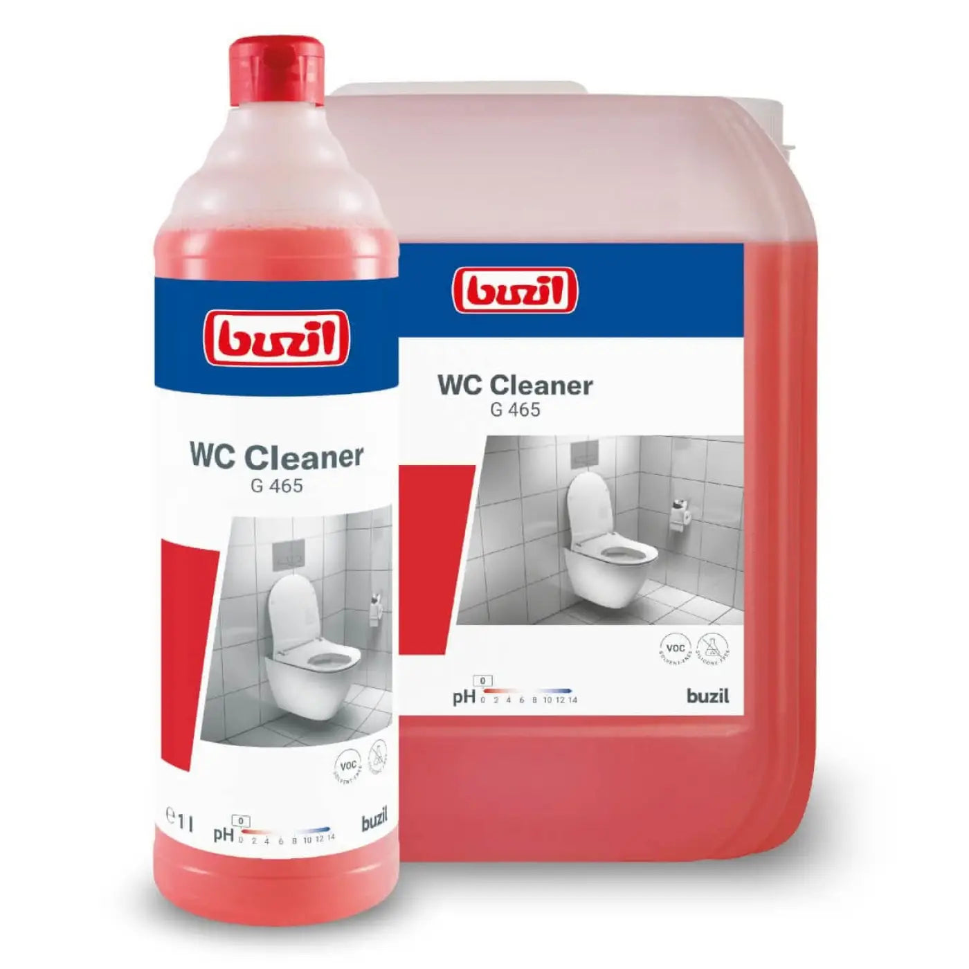Rotes wc-reiniger flüssig in plastikflasche und kanister buzil g 465 sanitärgrundreiniger 10l