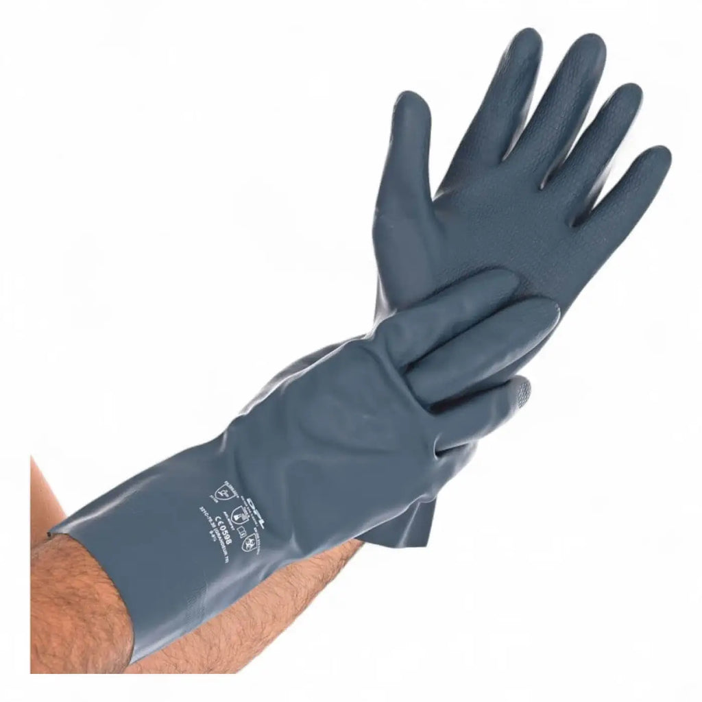 Darkgraue chemikalienschutzhandschuhe grande latex chloropren mit strukturierter griffmulde und verstärktem handgelenk