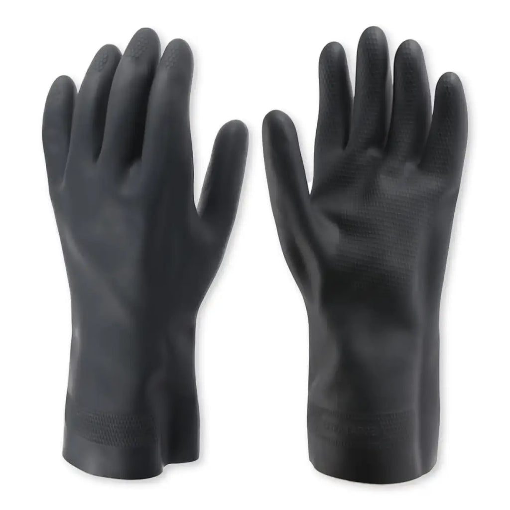 Schwarze chemikalienschutzhandschuhe nova super 75 aus latex mit matter oberfläche und verstärkten handgelenkstreifen