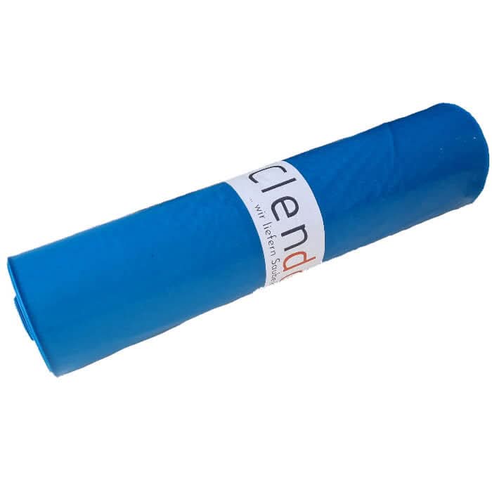 Ein aufgerollter blauer müllsack aus ldpe mit weißem etikett und der aufschrift clen für 120 liter volumen