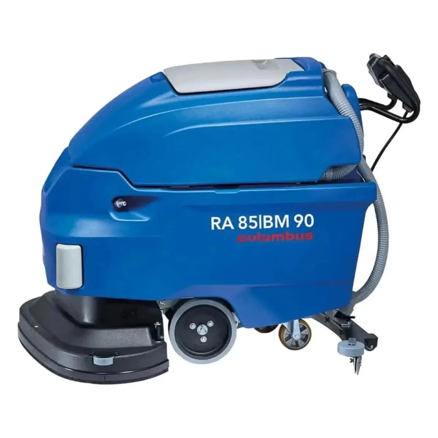 Blauer und grauer columbus ra 85 bm 90 scheuersaugmaschine mit schlankem industrie design, rückansicht