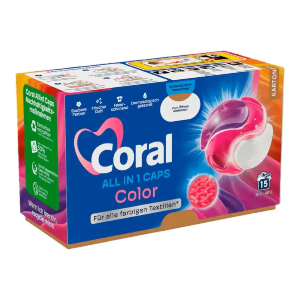 Coral waschmittel color all in1 caps 15wl in einem lebendig blauen, pinken und orangen pack mit 15 wäschladungen