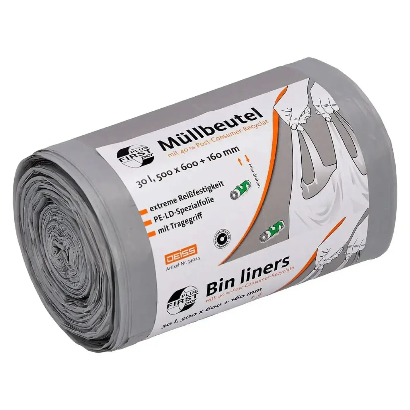 Grauer deiss first plus müllbeutel mit tragegriff 30 liter aus pe-ld spezialfolie in rolle