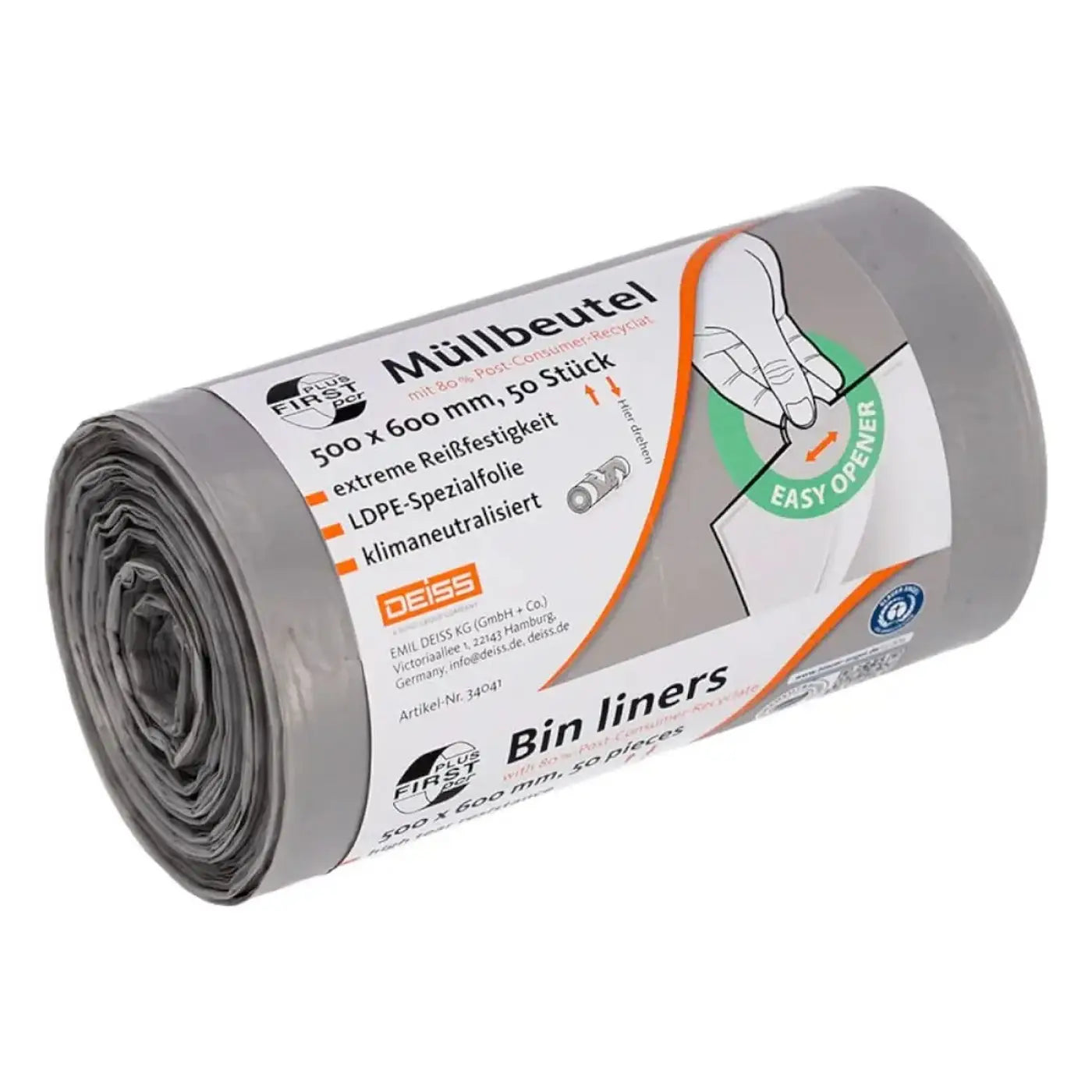 Grauer deiss first plus pcr müllbeutel 30 liter ldpe 50 stück 500 x 600 mm rollenform