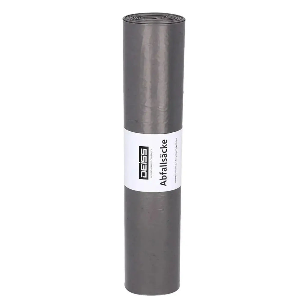 A roll of deiss standard 30 liter dark gray glossy hdpe plastic trash bags with german label