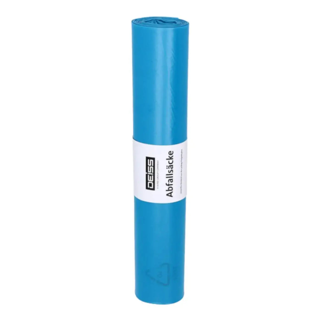 Ein leuchtend blauer, zylindrischer roll deiss standard müllsäcke 120 liter typ 60 mit weißem etikett