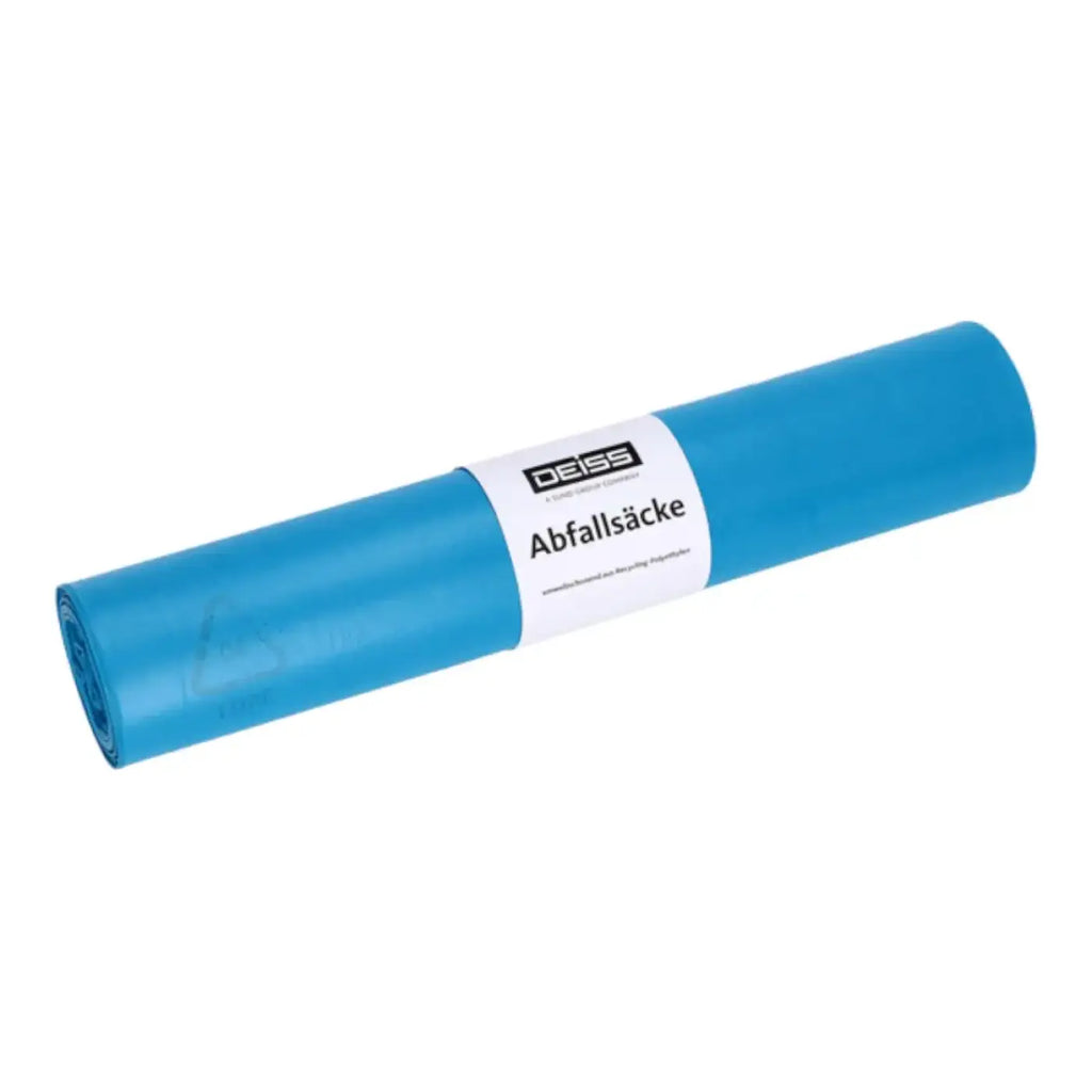 Bright blue roll of deiss standard 120 liter typ 60 trash bags with white label neatly packaged