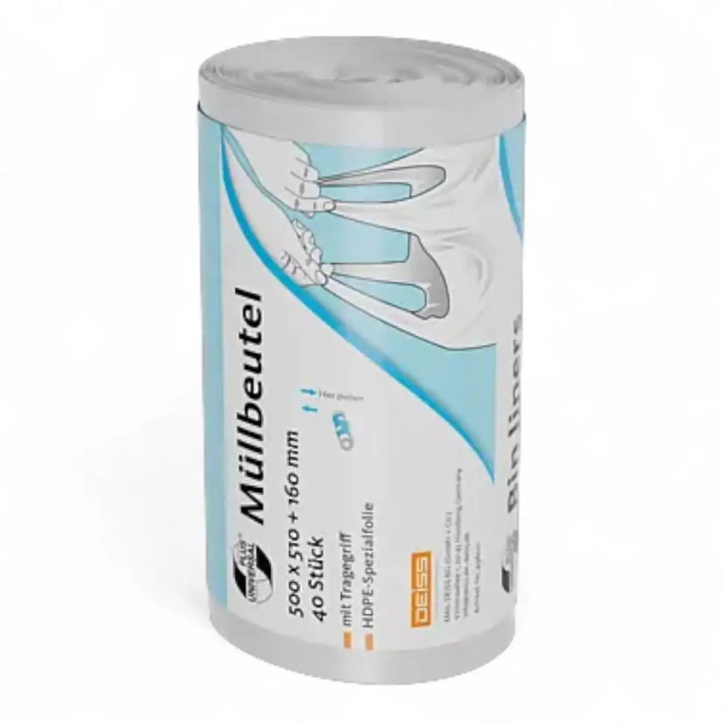 A cylindrical roll of white hdpe plastic müllbeutel by dess for universal use 30 liter transparent with blue label